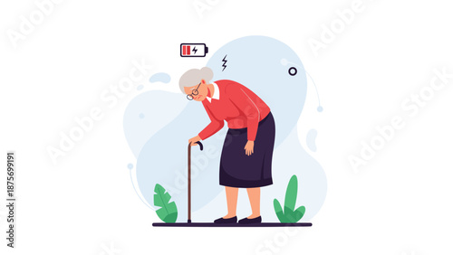 Exhausted elderly woman leaning on a walking cane with a low battery icon above her head symbolizing fatigue.