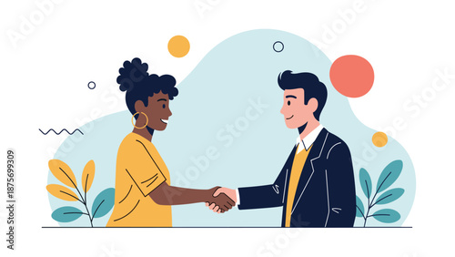 Professional businessman and businesswoman shaking hands to finalize a deal or agreement in a modern office setting.