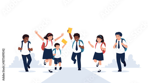 Diverse group of happy school children wearing uniforms and carrying backpacks while running and playing outside.