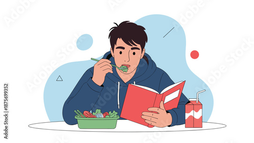 Focused young man eating a healthy salad from a container while multitasking by reading a book at a table.