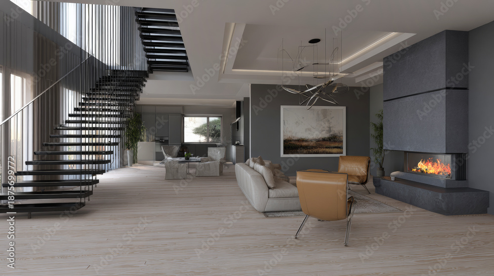Fototapeta premium A modern interior design with a staircase and fireplace in the living room