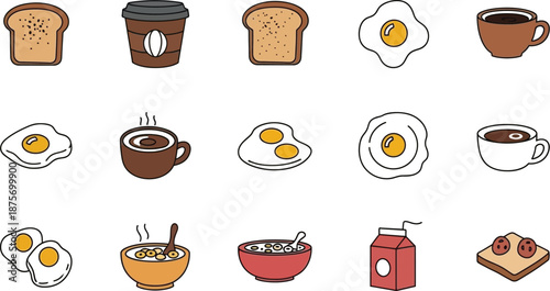 Collection of charming hand drawn breakfast icons featuring various preparations of fried eggs coffee cups toast cereal and milk carton symbolizing morning meals and nutrition concepts