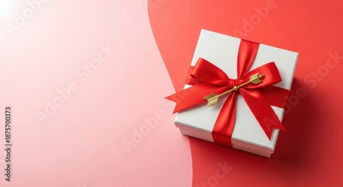 Elegant gift box wrapped in red ribbon featuring a small golden arrow decoration, perfect for celebrating romantic love and Valentine’s Day, box, arrow, day