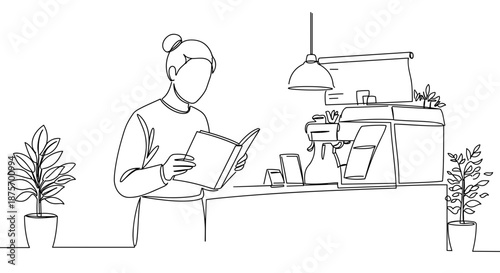 Line drawing of a woman reading a book in a coffee shop with a plant on the counter and a modern coffee machine on a transparent background