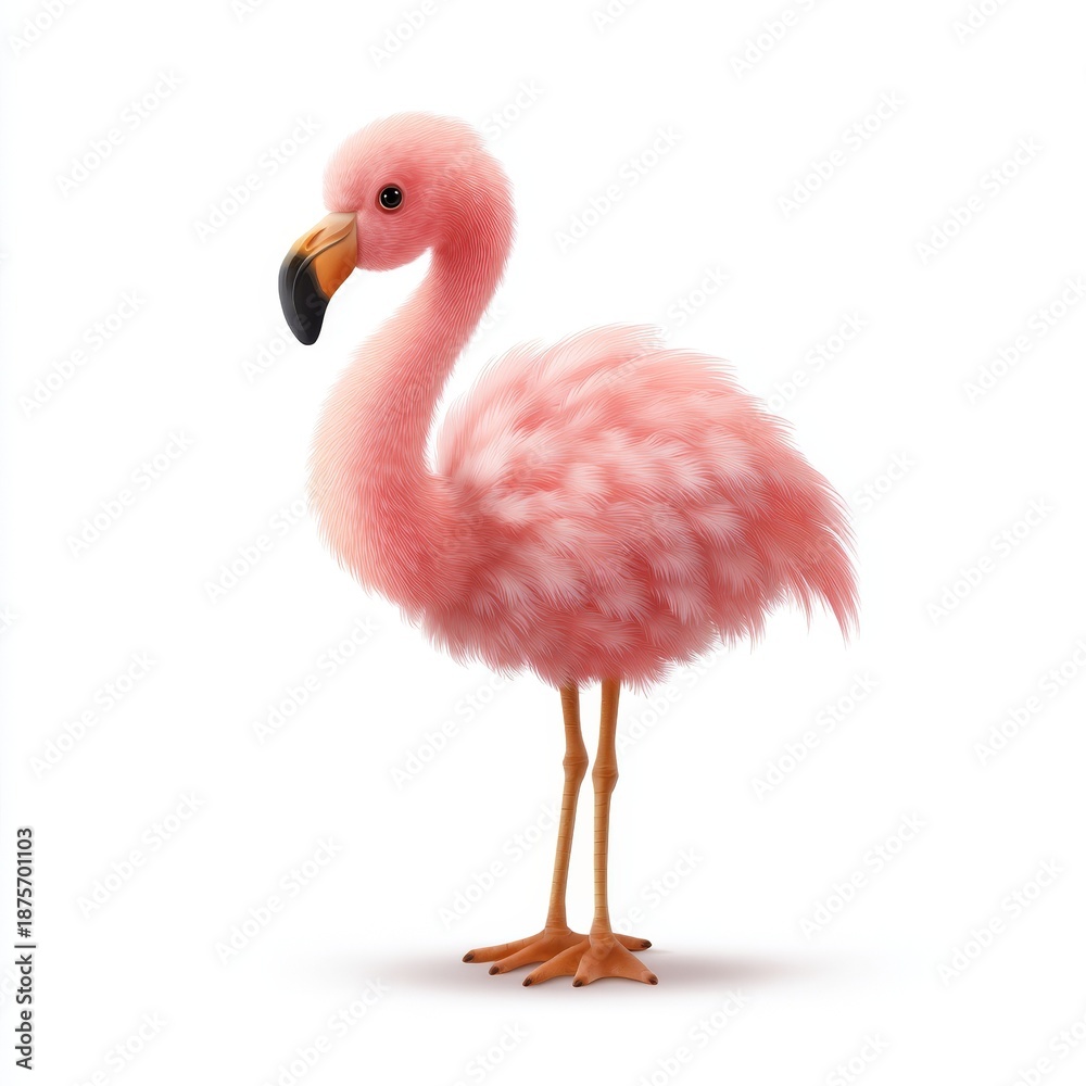 Obraz premium Graceful baby flamingo standing on one leg in a serene nature setting vibrant and fluffy plumage
