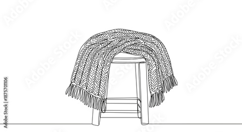 Line drawing of a stool with a blanket draped over it, isolated on a transparent background, capturing a cozy and inviting indoor setting.