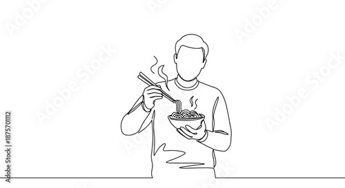 Line drawing of a person holding a bowl of noodles and using chopsticks in a kitchen on a transparent background