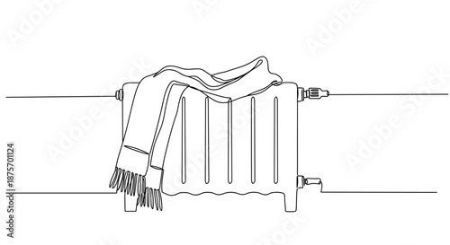Line drawing of a cozy radiator with a warm scarf draped over it on a transparent background