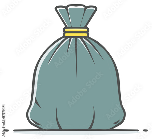 Cartoonish illustration of a tied trash bag with line art style in gray color and yellow tie, isolated on white background. Bag icon
