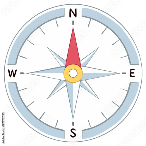 Modern graphic illustration of a navigation compass pointing North for travel and guidance
