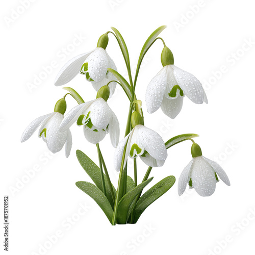 Snowdrop flowers in early spring bloom, isolated on transparent background