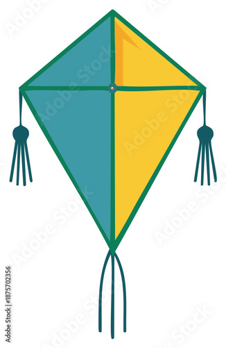 Colorful diamond kite with teal and yellow panels and tassels flying