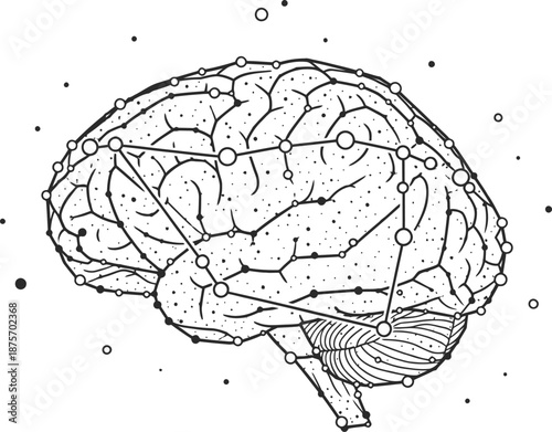 Black and white brain with static glitch lines icon, mental overload concept, rare conceptual vector illustration, outline only, white background 
