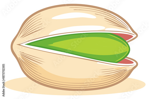 Single Pistachio Nut Illustration, Fresh Green Kernel, Cracking Shell, Isolated