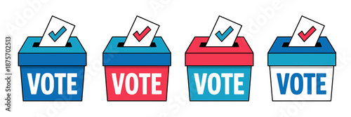 Four voting boxes with ballots in blue and red