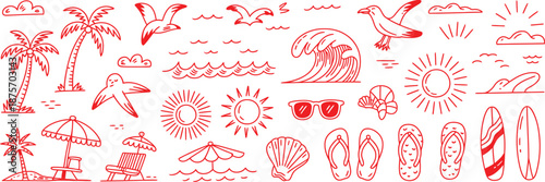 Red beach icons and symbols on transparent background high-quality professional detailed modern elegant stylish clean crisp vibrant colorful digital creative