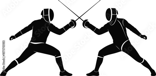 Fencing Sport Player Duel Sword Fighting Martial Arts Game Vector Silhouette and Pictogram only black and white 