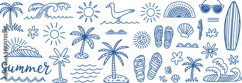 A collection of blue summer icons including palm trees surfboards and sun on transparent background high-quality professional detailed modern elegant