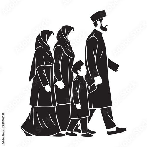 Muslim Family Walking Together Representing Peaceful Islamic Community Life