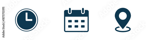 Time, calendar, and address icons representing , clock, schedule, location pin, date, and place, ideal for events, planning apps, and UI design.