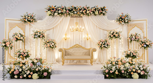 Elegant Wedding Stage Decor with Luxurious Sofa, Draped Curtains, Floral Arrangements, and Ornate Chandeliers for a Romantic and Sophisticated Ambiance