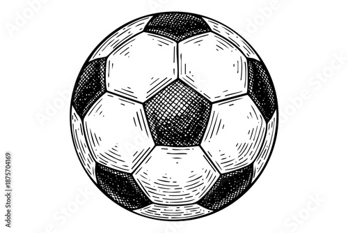 Vintage engraved soccer ball illustration in black and white hand drawn engraving style