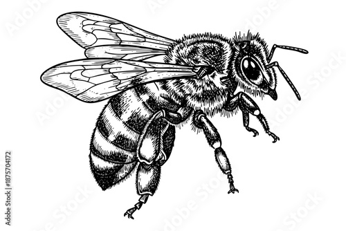 Vintage engraved honey bee flying in black and white hand drawn engraving style