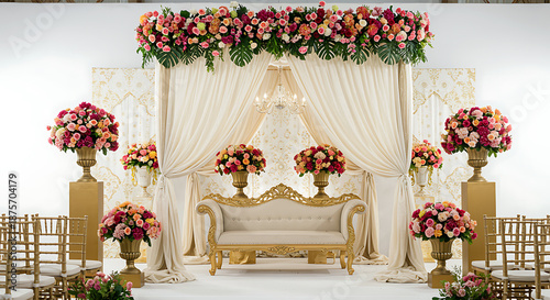 Elegant Wedding Stage Decoration with Flowers: Luxurious White and Gold Theme with Plush Sofa