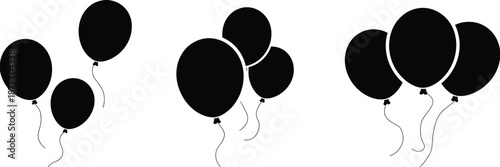 Balloon silhouettes collection, party decoration symbols, black and white floating balloons set, birthday celebration background, festive design elements