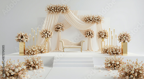 Elegant Wedding Stage with Floral Decorations in White, Pink, and Beige, Featuring Luxurious Gold Accents, Plush Sofa, and Draped Curtains for a Sophisticated Ceremony