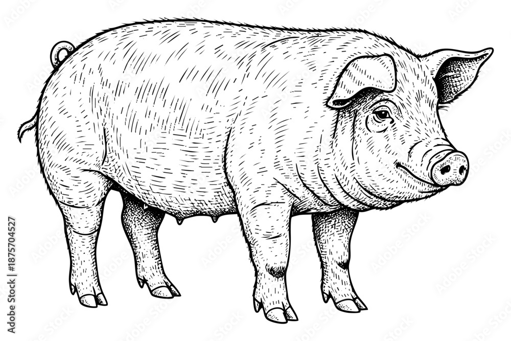 Fototapeta premium Vintage pig engraving black ink farm animal illustration isolated