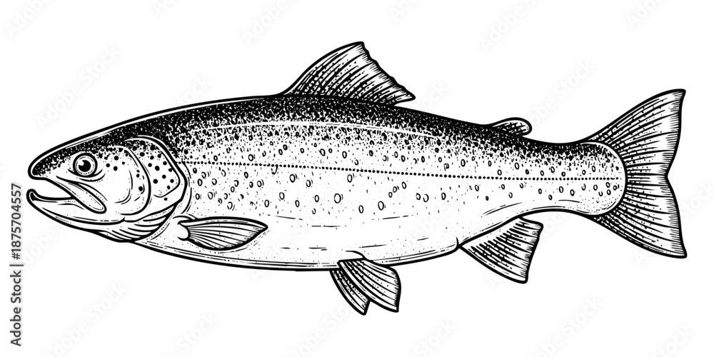 custom made wallpaper toronto digitalVintage salmon engraving black ink fish hand drawn illustration