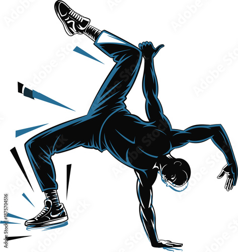 Breakdance dancer illustration, hip hop street dance move, bboy acrobatic pose, modern vector artwork isolated on white