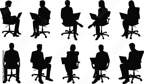 Business people silhouettes working on laptops, office workers sitting in chairs, remote work concept, black and white vector