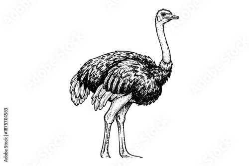 Vintage ostrich engraving isolated black ink african bird hand drawn  illustration