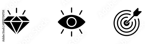 Mission Vision Values icon set ; Minimal success and focus icons featuring diamond, eye, and target symbols for goals, vision, achievement, and UI design.