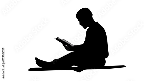 Vector silhouette of a person sitting cross-legged reading the Holy Quran on a wooden book stand (Rehal), focused posture, solid black, isolated on white background.