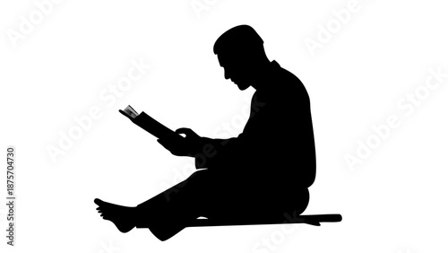 Vector silhouette of a person sitting cross-legged reading the Holy Quran on a wooden book stand (Rehal), focused posture, solid black, isolated on white background.