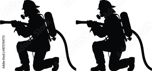 Firefighter silhouette kneeling with hose and breathing mask, fire rescue hero black vector illustration isolated on white background
