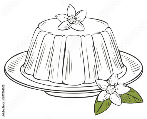 Elegant panna cotta dessert with flower garnish on a plate vector line art illustration