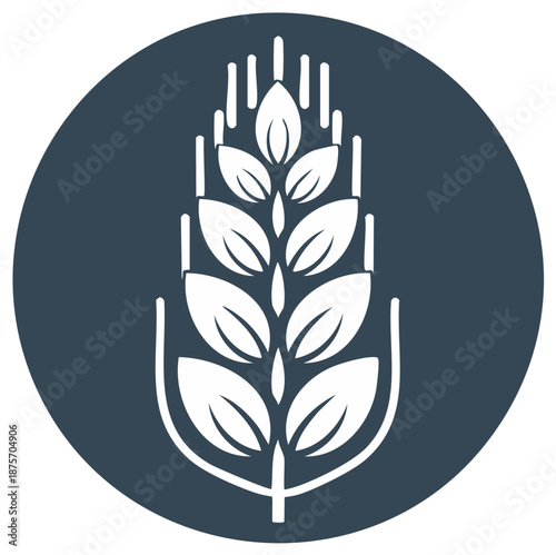 Stylized wheat grain icon on dark blue circle background agriculture symbol
