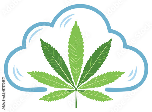 Green cannabis leaf symbol inside a blue cloud outline illustration