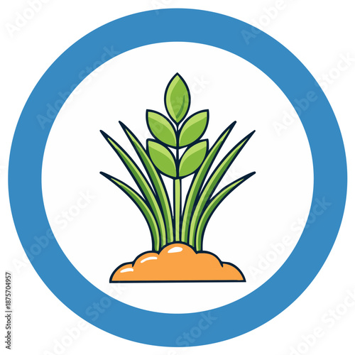 Stylized graphic showing plant growing from soil within a blue circle illustration