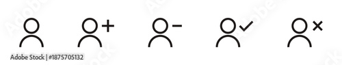 user icon set. Minimal user action icons showing add, remove, approve, and delete states - user profile icons for account management, UI, and system design.