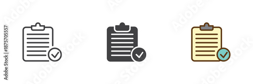 Clipboard with check mark different style icon set. Line, solid and filled outline colorful icon, vector sign and symbol. Checklist clipboard icon for grocery order, audit and task icon.