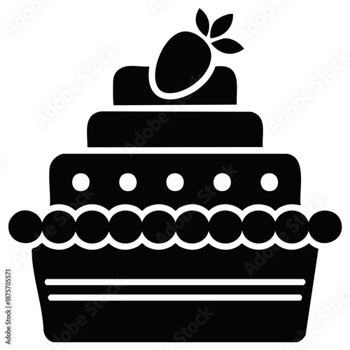 Delicious multilayer cake design element with strawberry and decorations; graphic confection for bakeries and dessert shops icon.