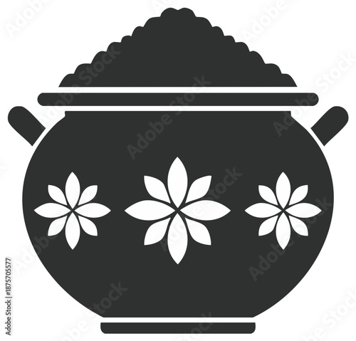 Decorative ceramic pot filled with granular material and adorned with floral motifs