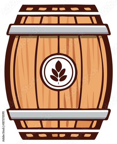 Cartoon Wooden Barrel with Metal Hoops and Plant Emblem, Rustic Storage Vessel
