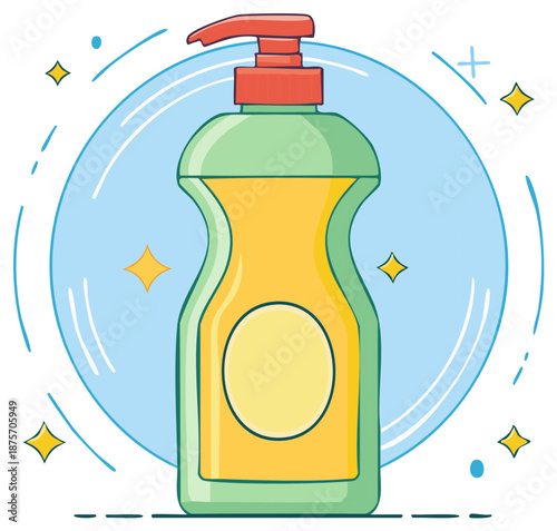 Cartoon style illustration of a liquid soap dispenser bottle with a bright clean design