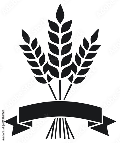 Wheat sheaf silhouette with a blank ribbon banner, agricultural symbol for harvest or bakery